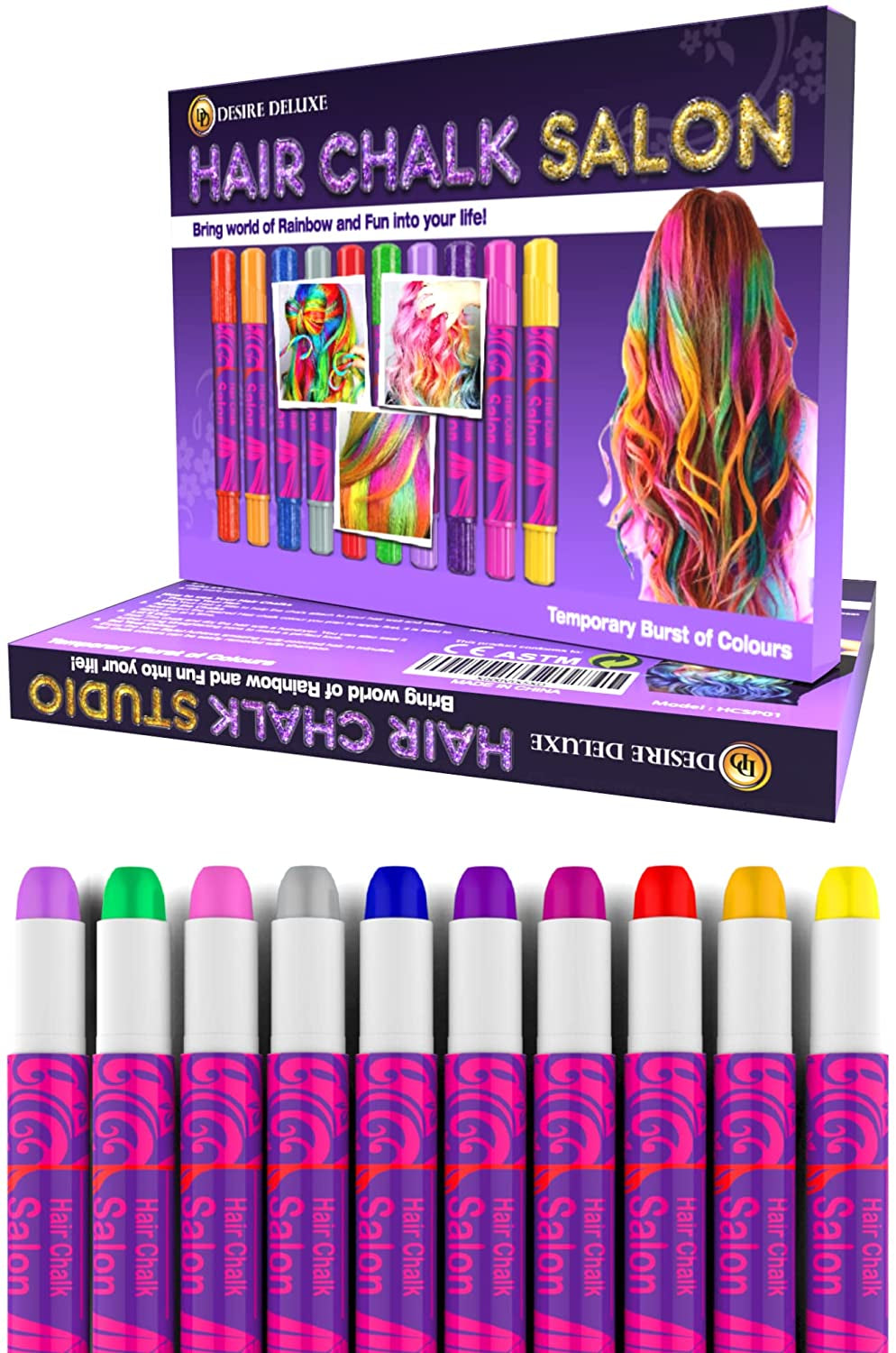 Desire Deluxe hårkridtgaver til piger, hårkridt til hårfarvelegetøj til jul, 10 vaskbare hårfarvepenne til karneval, 3 4 5 6 7 8 9 11 år gamle hårfarve Naty Shop