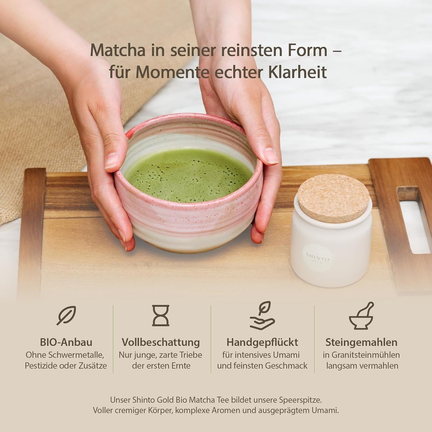 Shinto - "Gold" Organic Matcha Tea - Ceremoniel Grade Green Tea Pulver - JAS & EU BIO Certified - Shaded & Handplukket - Direkte import fra Uji, Japan - 30g