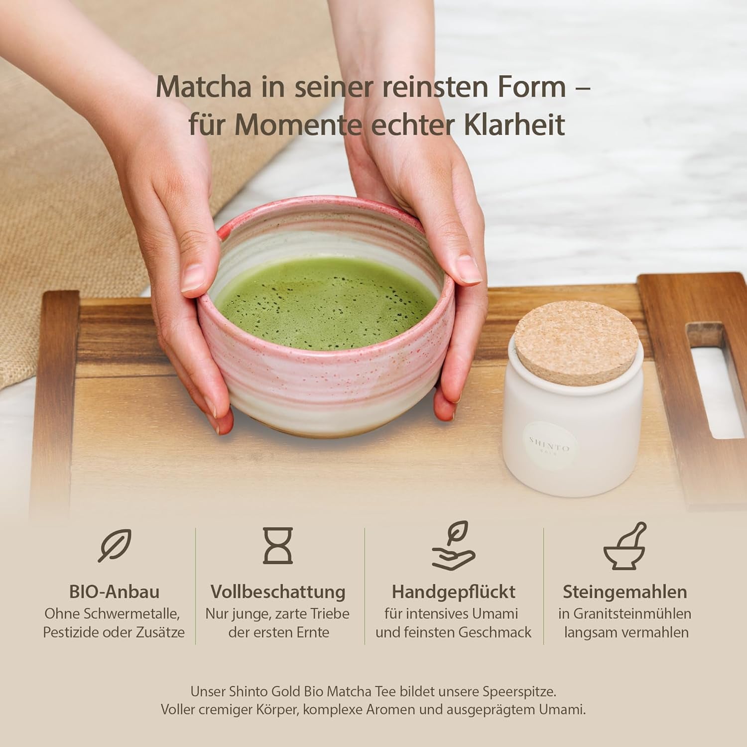 Shinto - "Gold" Organic Matcha Tea - Ceremoniel Grade Green Tea Pulver - JAS & EU BIO Certified - Shaded & Handplukket - Direkte import fra Uji, Japan - 30g
