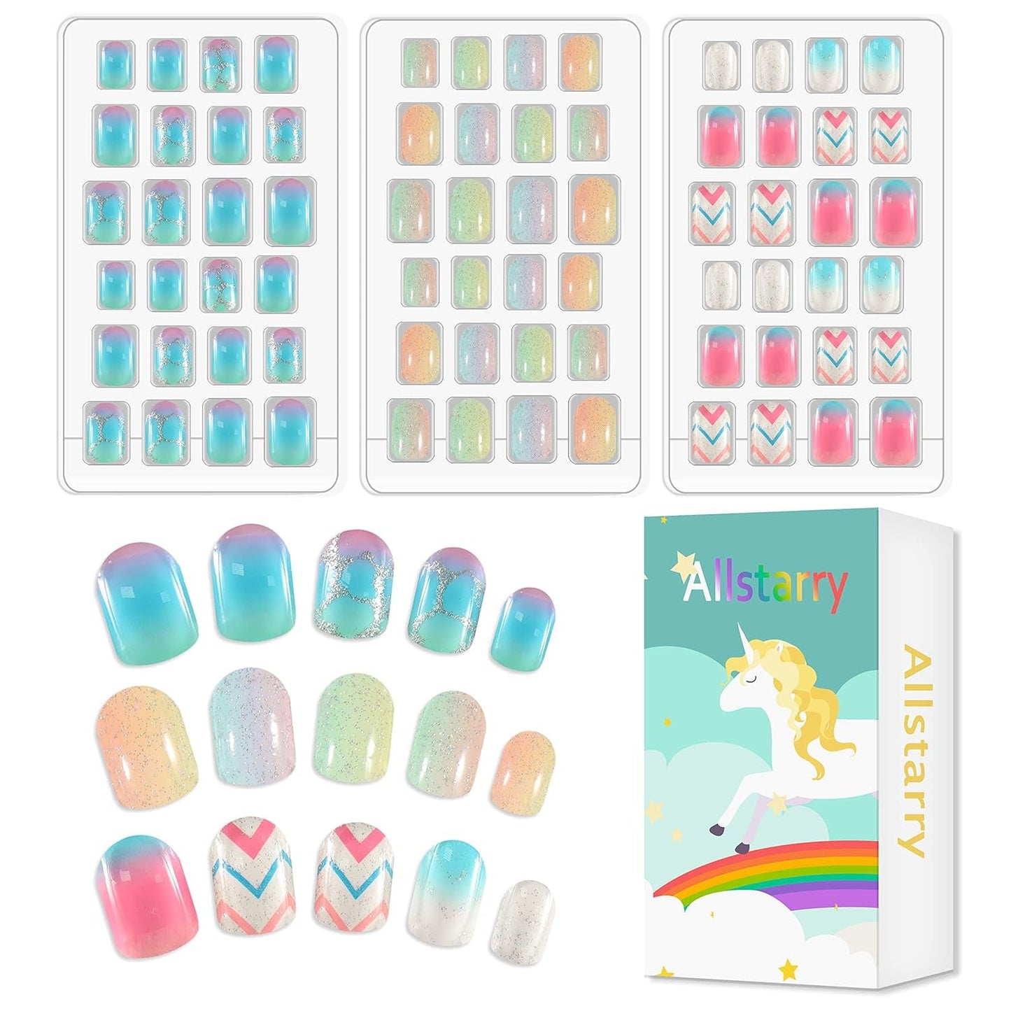 72 stk. Forlimede børne negle fuld dæksel Glitter farve gradient bue Korte kunstige negle Fantastisk gave til børn piger neglekunst - regnbue glitter