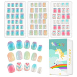 72 stk. Forlimede børne negle fuld dæksel Glitter farve gradient bue Korte kunstige negle Fantastisk gave til børn piger neglekunst - regnbue glitter