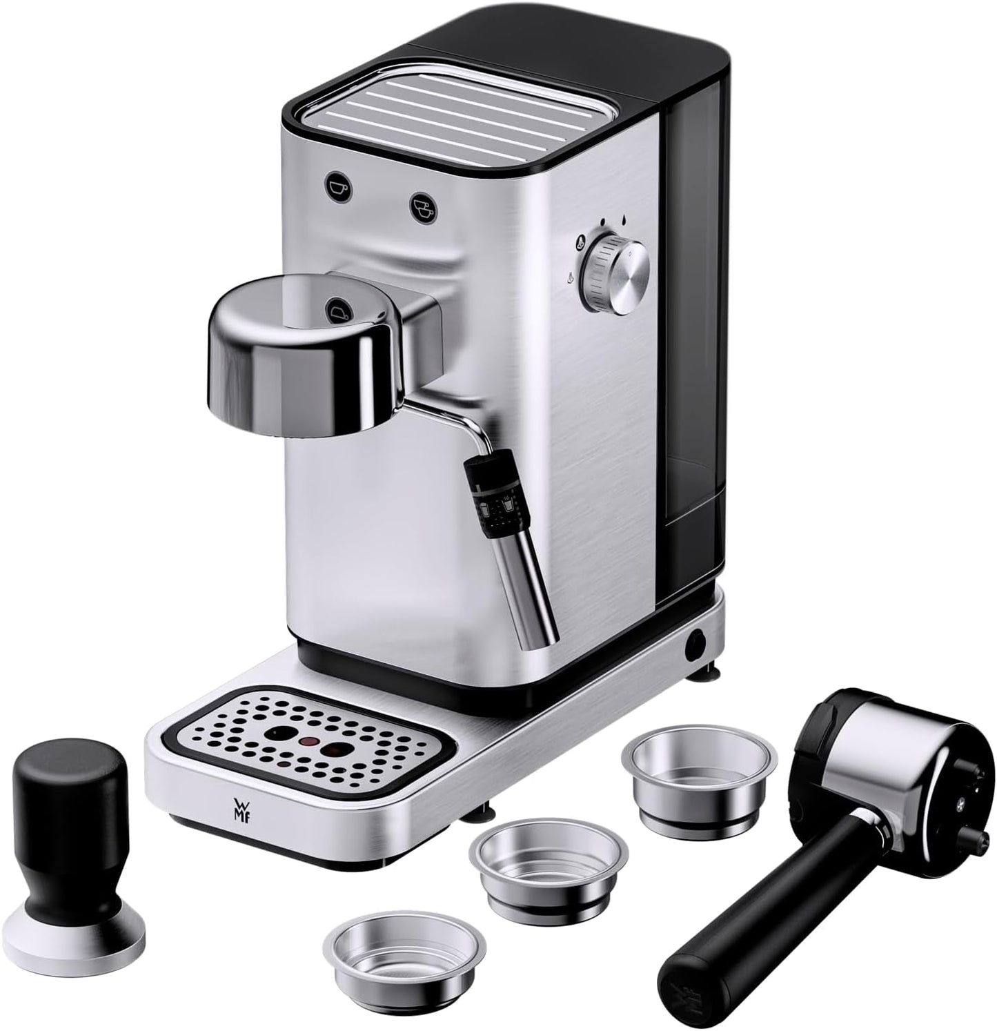 WMF Lumero espressomaskine, portafilter, 1400 watt, portafilter, 3 indsatser, til 1-2 espressokopper, inklusive til kapsler, 15 bar, kopholder, mælkeskummer, mat rustfrit stål