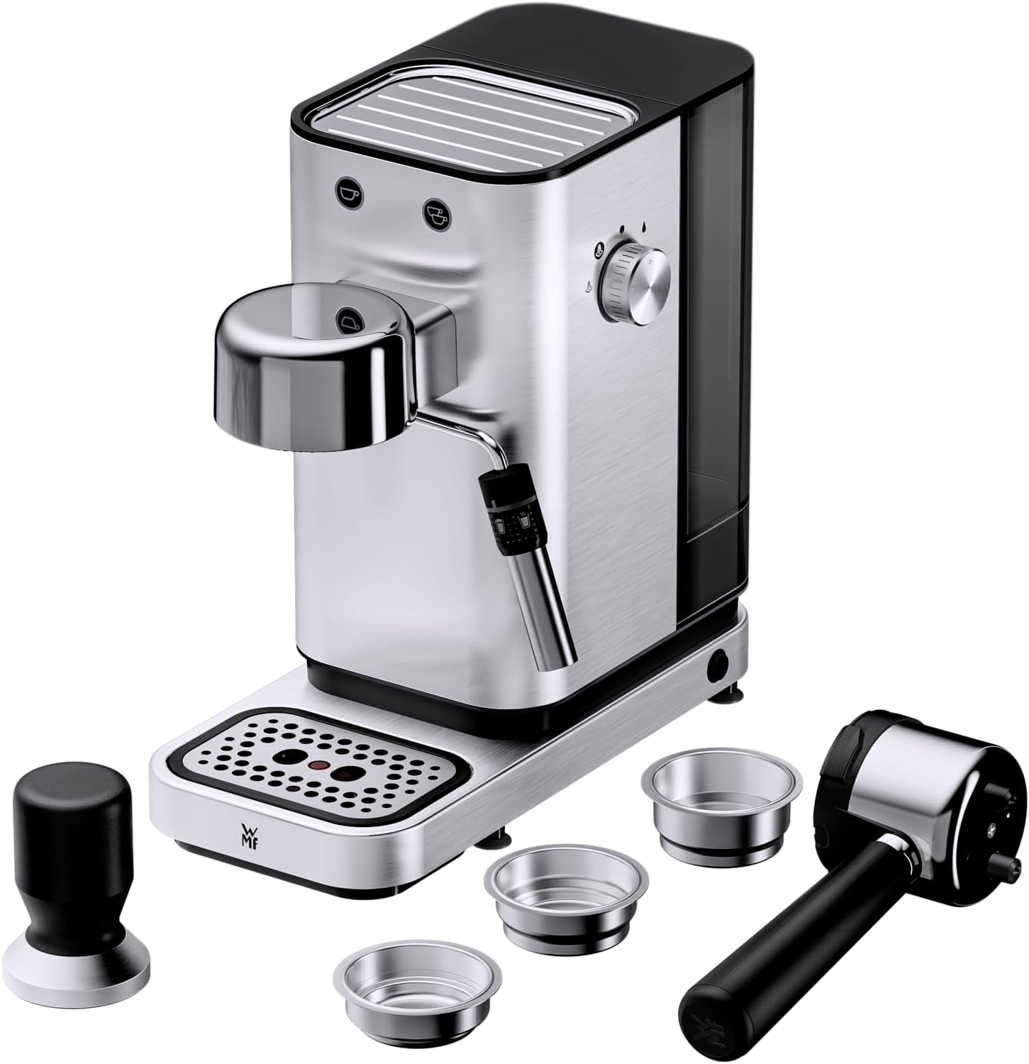 WMF Lumero espressomaskine, portafilter, 1400 watt, portafilter, 3 indsatser, til 1-2 espressokopper, inklusive til kapsler, 15 bar, kopholder, mælkeskummer, mat rustfrit stål