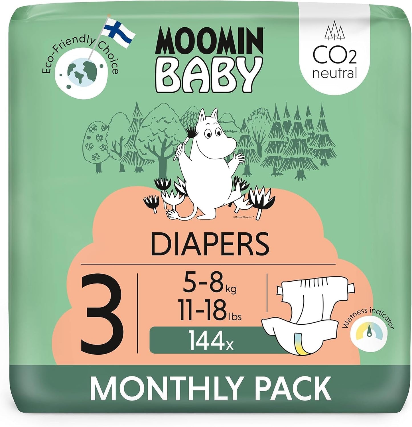 Moomin Baby Eco bleer, str. 3, 5-8 kg, 48 stykker, Premium bløde bleer | Blød og hudvenlig, åndbar, absorberende, ingen unødvendige kemikalier |