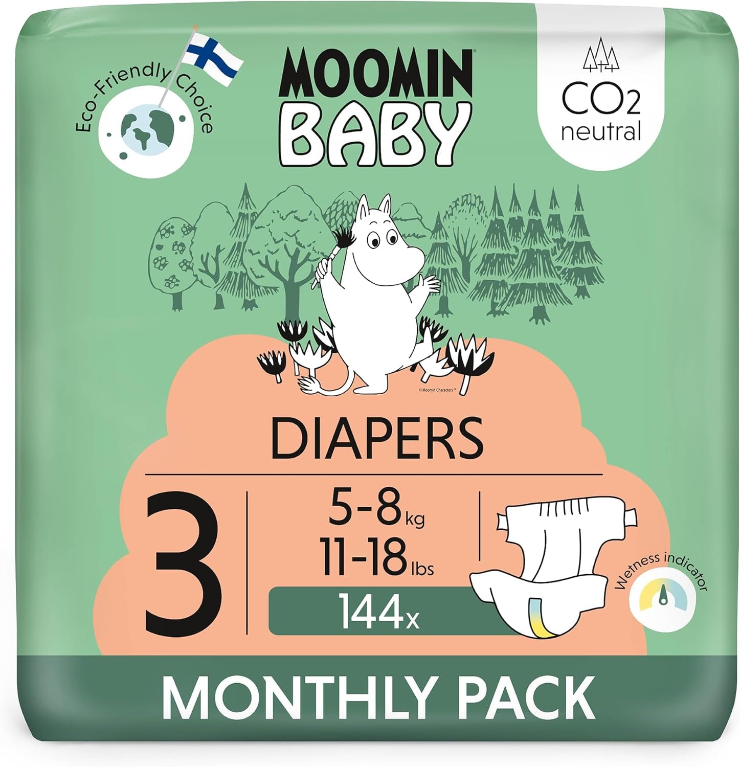 Moomin Baby Eco bleer, str. 3, 5-8 kg, 48 stykker, Premium bløde bleer | Blød og hudvenlig, åndbar, absorberende, ingen unødvendige kemikalier |