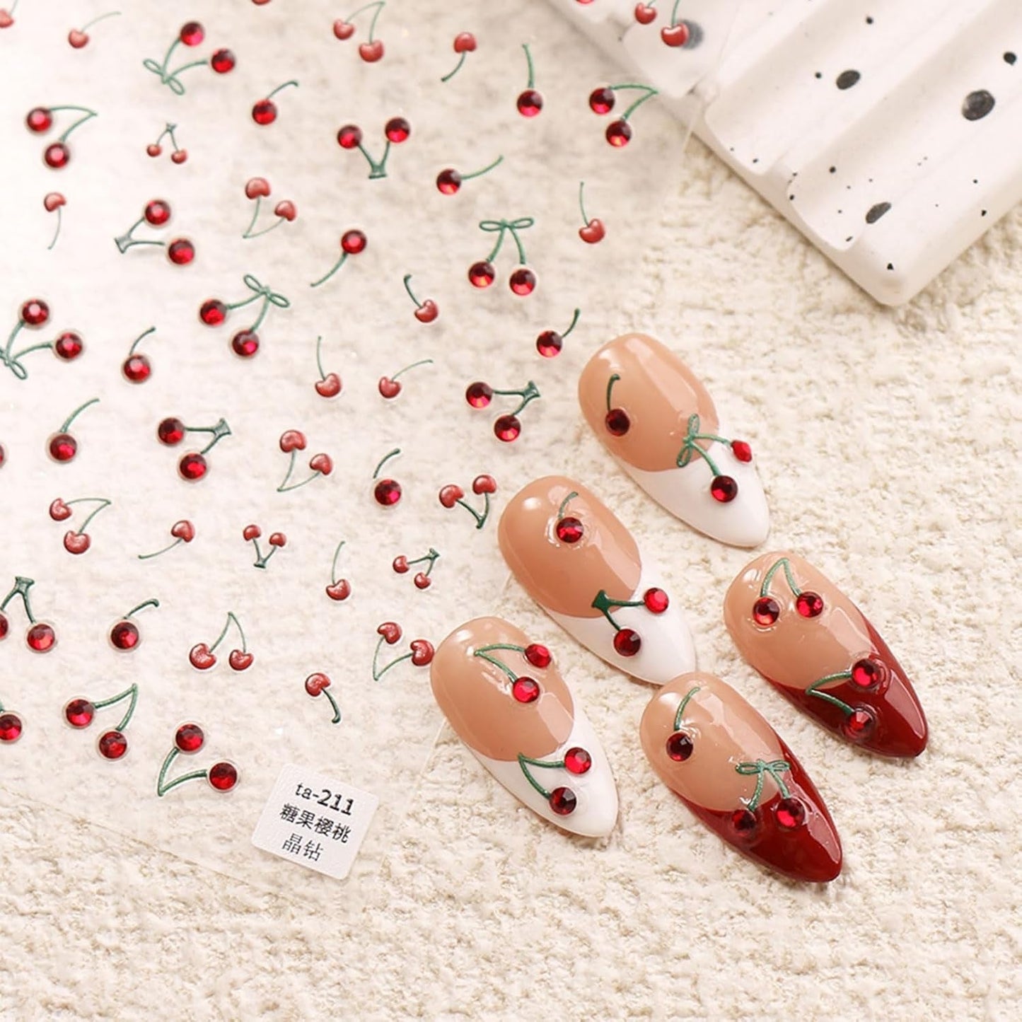 JMEOWIO 3D Nagelsticker Kirsche Nail Art Sticker Selbstklebend Nagelaufkleber 5D Stereoskopisk Dekoration Nageldesign Tilbehør 1 Blatt