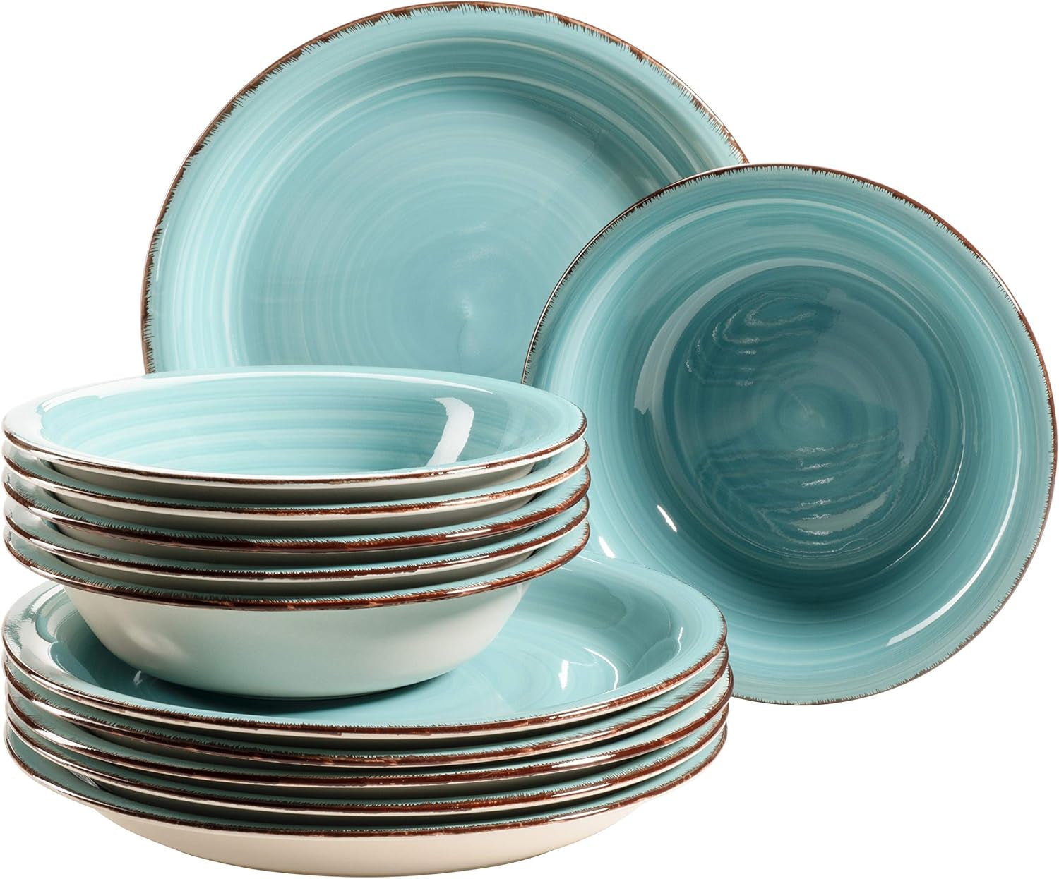 MÄSER Bel Tempo II Teller-Set for 6 Personen im modernen Vintage Look, 12-teiliges Tafelservice, handbemalt, Türkis, Steingut, 27 centimeter