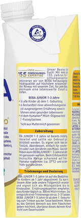 BEBA Junior drikkeklar mælkedrik 1-3 år, med HMO, aldersegnet proteinindhold, palmeoliefri, fiskeoliefri, småbørnsmad, pakke med 12 (12 x 500 ml)