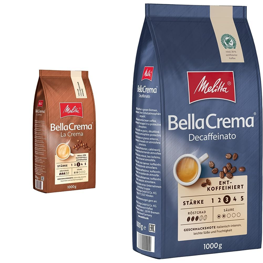 Melitta BellaCrema La Crema kaffebønner 1 kg og BellaCrema Decaffeinato koffeinfri kaffebønner 1 kg