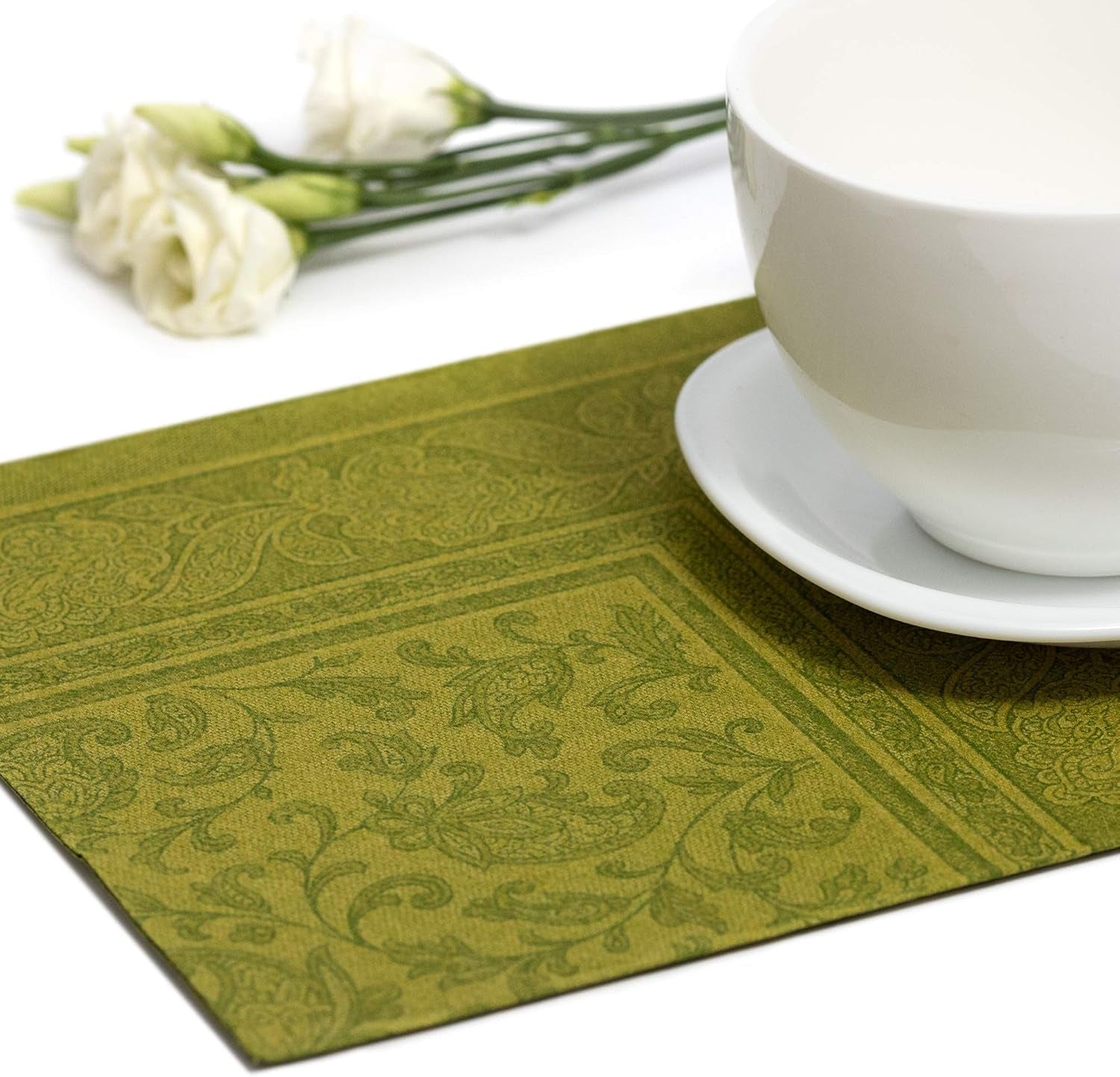 Papstar, 50 servietter "ROYAL Collection" 1/4 fold 40 Cm X 40 Cm olivengrøn "Ornaments", #81746