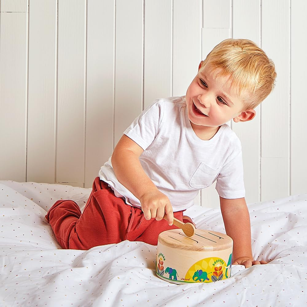 Janod - Gioia Tromme - FSC trætromme + tromme - Rollespil og tidlig musikalsk uddannelse - Akvarel - Fra 18 måneder, J07650 Bebe Toys Naty Shop