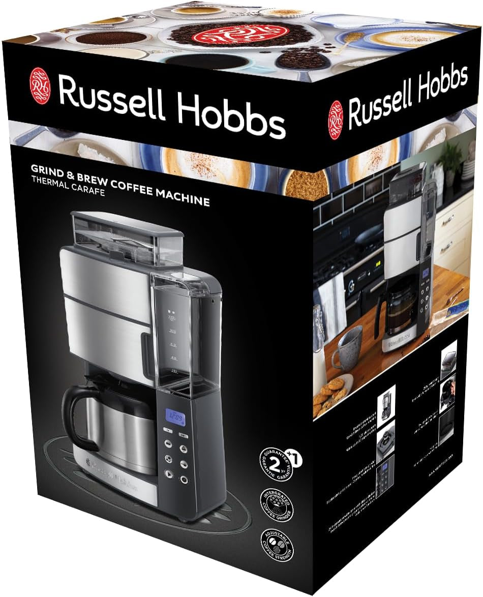 Russell Hobbs kaffemaskine med kværn og termisk karaffel [Digital timer, brusehoved for optimal udsugning og aroma] Grind&Brew (1-10 kopper, 3 maleindstillinger) Filterkaffemaskine 25620-56