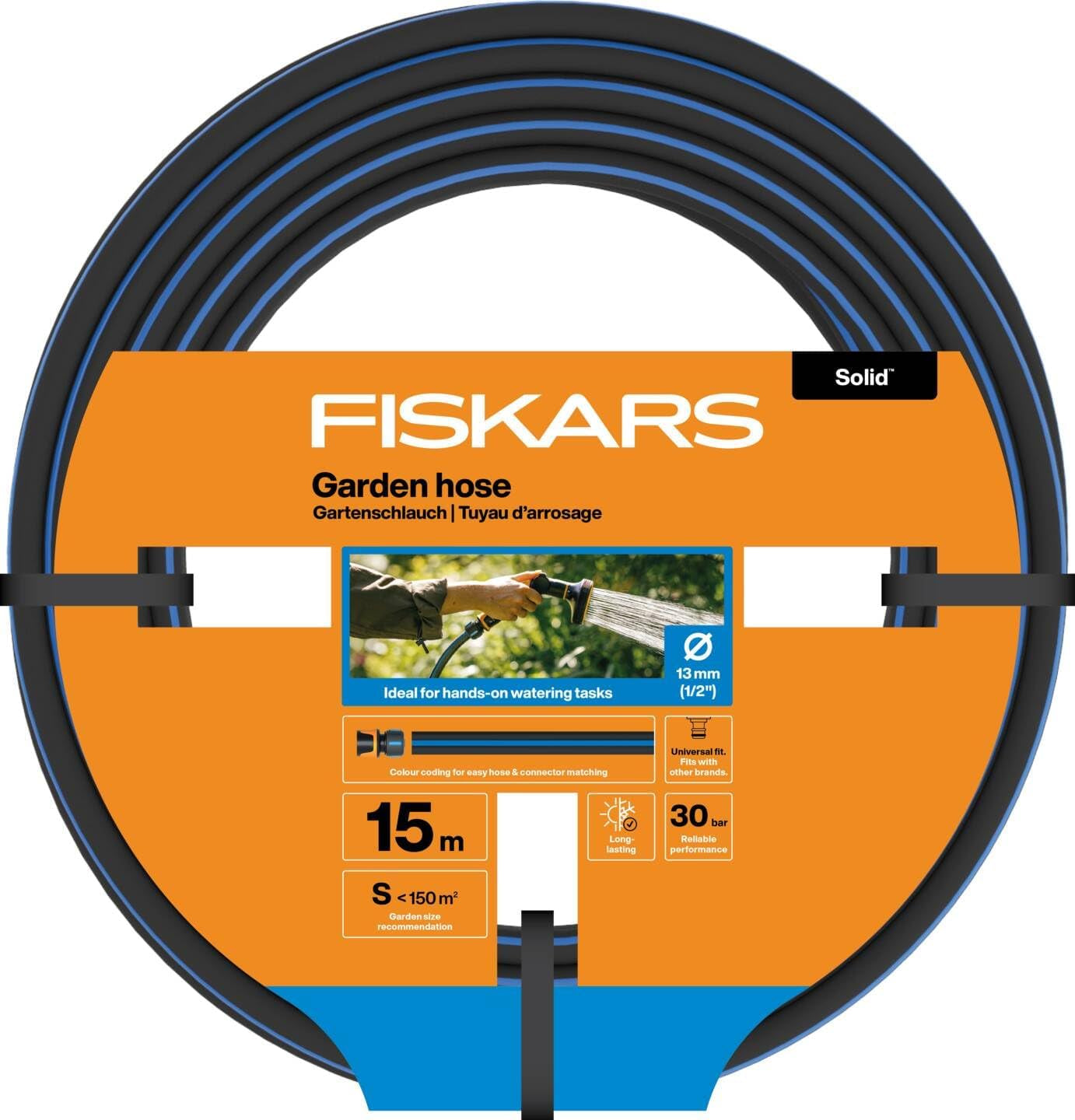 Fiskars S haveslange, Solid, Vandslange til manuel vanding, 13 mm (1/2"), Længde: 15 m, Universalforbindelse, UV-beskyttelse, Frostbeskyttelse, Vridsikker, Blå, 1076049