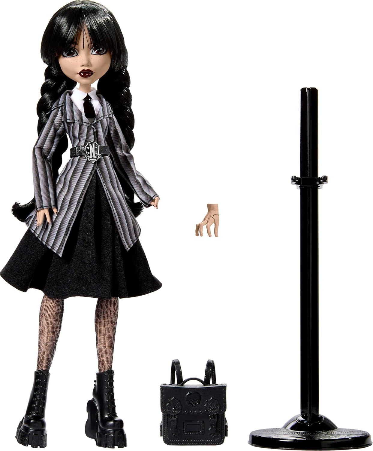 Monster High Wednesday Puppe und Accessoires, Wednesday Addams Sammelfigur in Nevermore Academy Uniform mit Eiskaltem Händchen und Rygsæk, Puppenständer, HXJ04