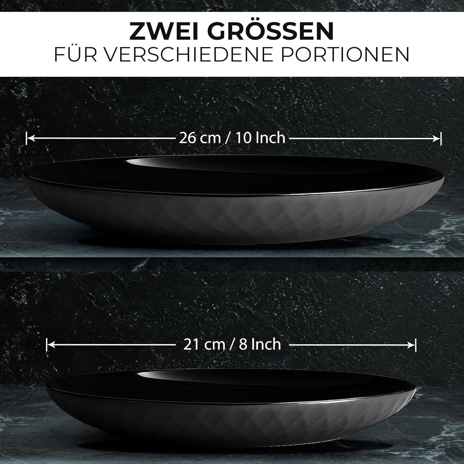 MIAMIO - 6-delt moderne keramisk spisestel/tallerkensæt til 6 - Palmanova Collection (sort, store tallerkener (6x))