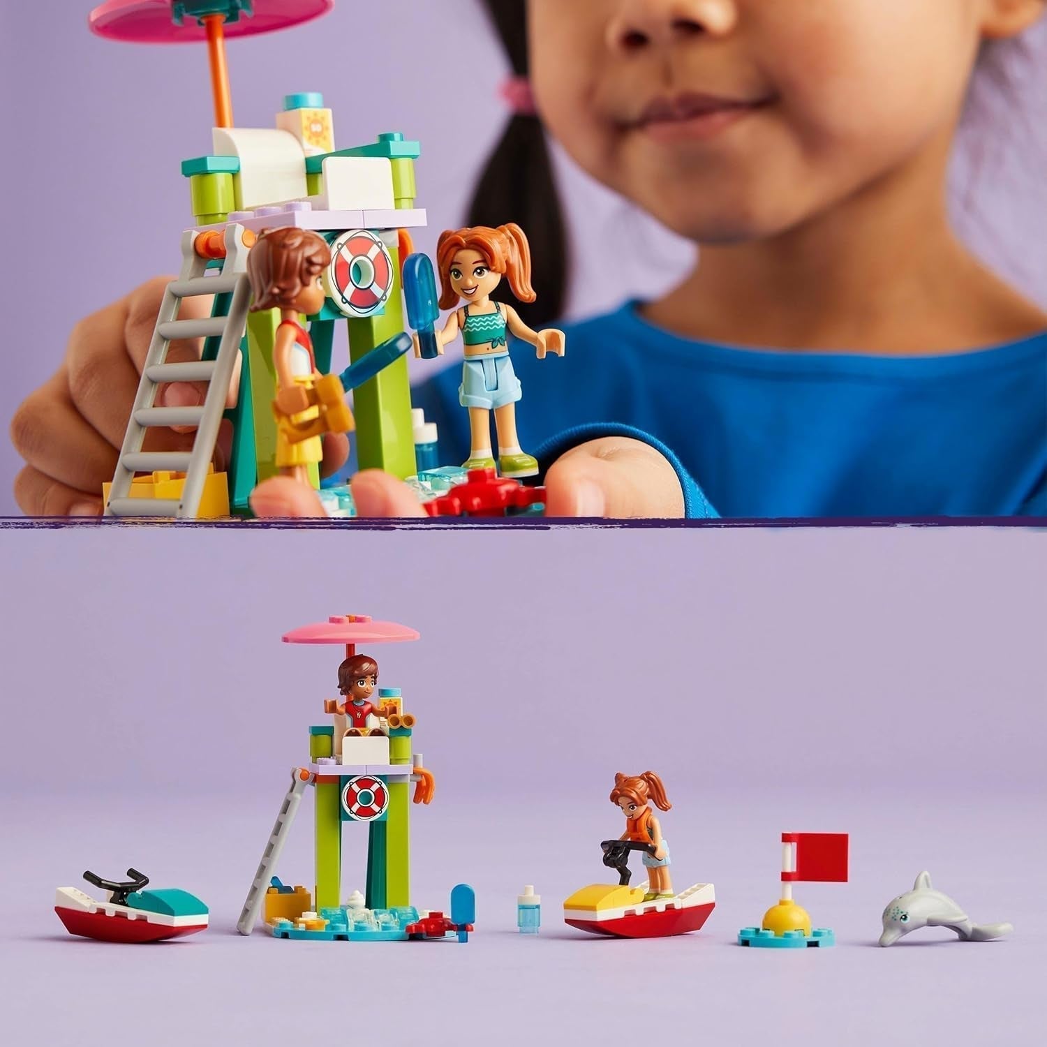 LEGO Friends livredder udsigtstårn med jetski, børnelegetøj, gaveidé til piger og drenge fra 5 år med 2 figurer og en delfin, jetski legetøj 42623 Byggesæt Besuche den LEGO-Store