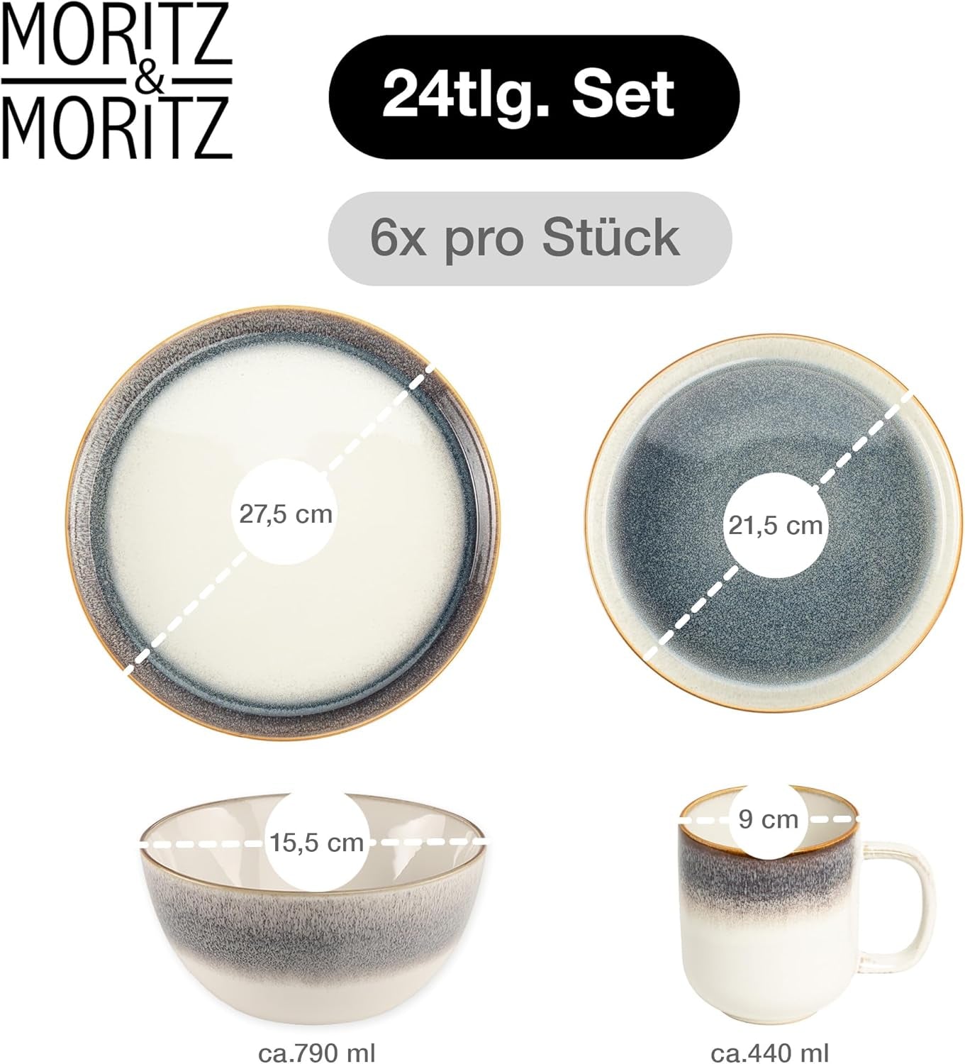 Moritz & Moritz TARENTO 24-delt servisesæt til 6, grå - Elegant højkvalitetstallerkensæt i stentøj - Spisestellet indeholder 6 middagstallerkener, 6 desserttallerkener, 6 middagstallerkener og 6 kopper