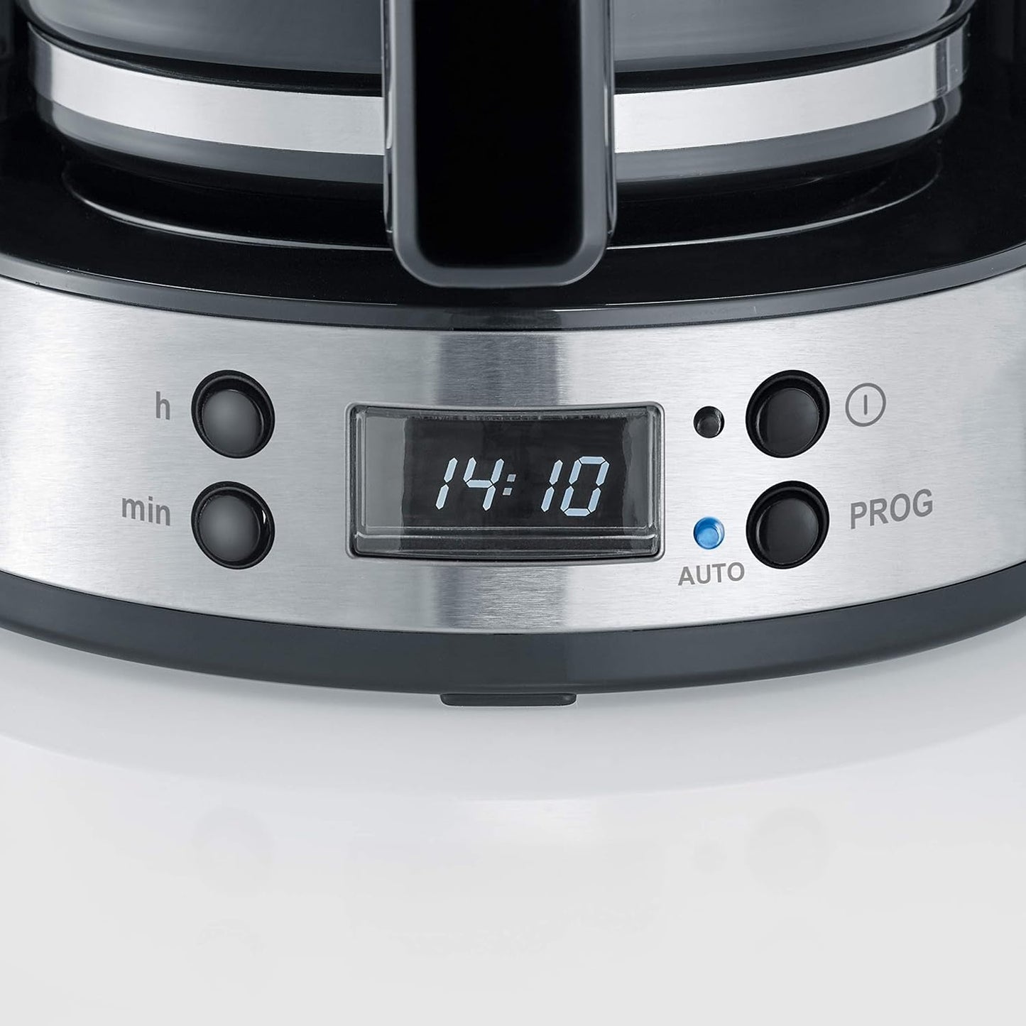 SEVERIN "TypeSwitch" espressomaskine med glaskaraffel og timer, AromaSwitch til valg af 2 bryggemuligheder, digitalt ur med timerfunktion, til op til 10 kopper, 1000W, børstet rustfrit stål-sort, KA 4826