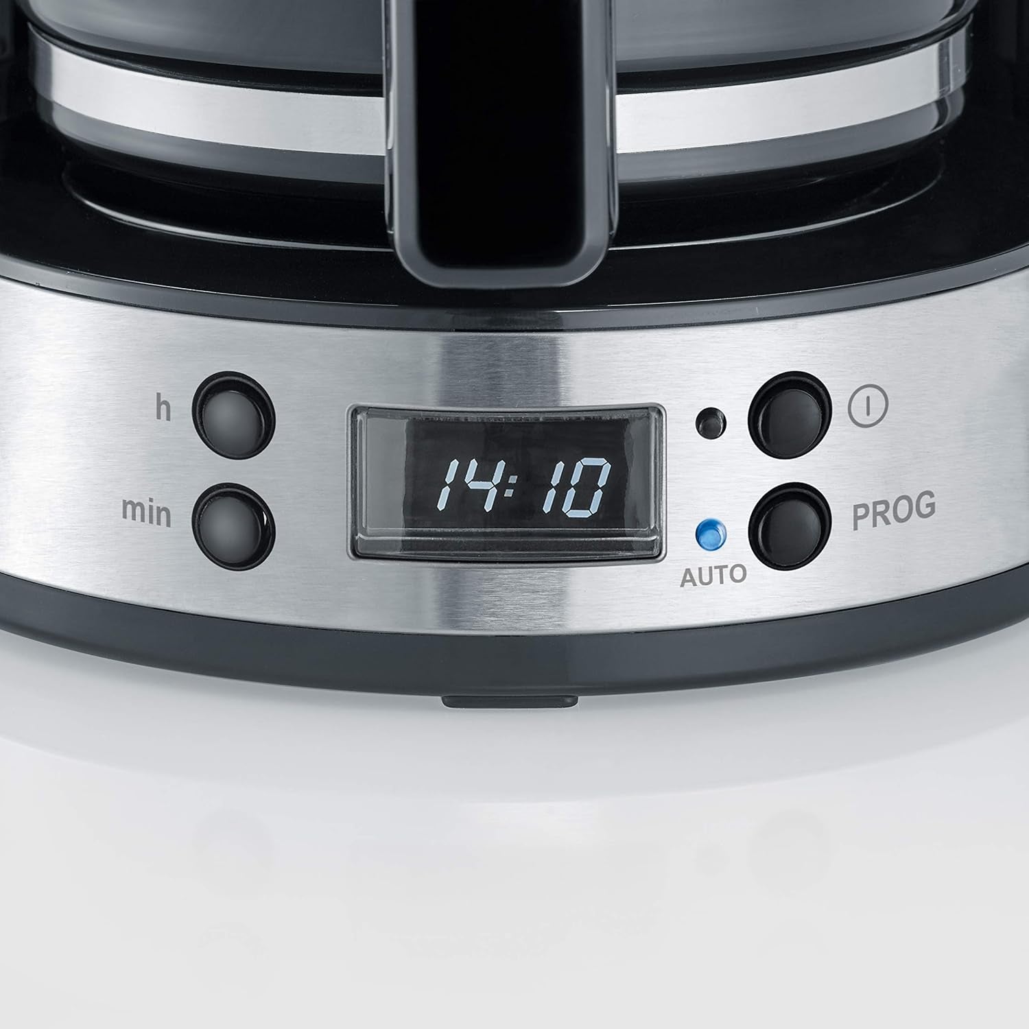 SEVERIN "TypeSwitch" espressomaskine med glaskaraffel og timer, AromaSwitch til valg af 2 bryggemuligheder, digitalt ur med timerfunktion, til op til 10 kopper, 1000W, børstet rustfrit stål-sort, KA 4826