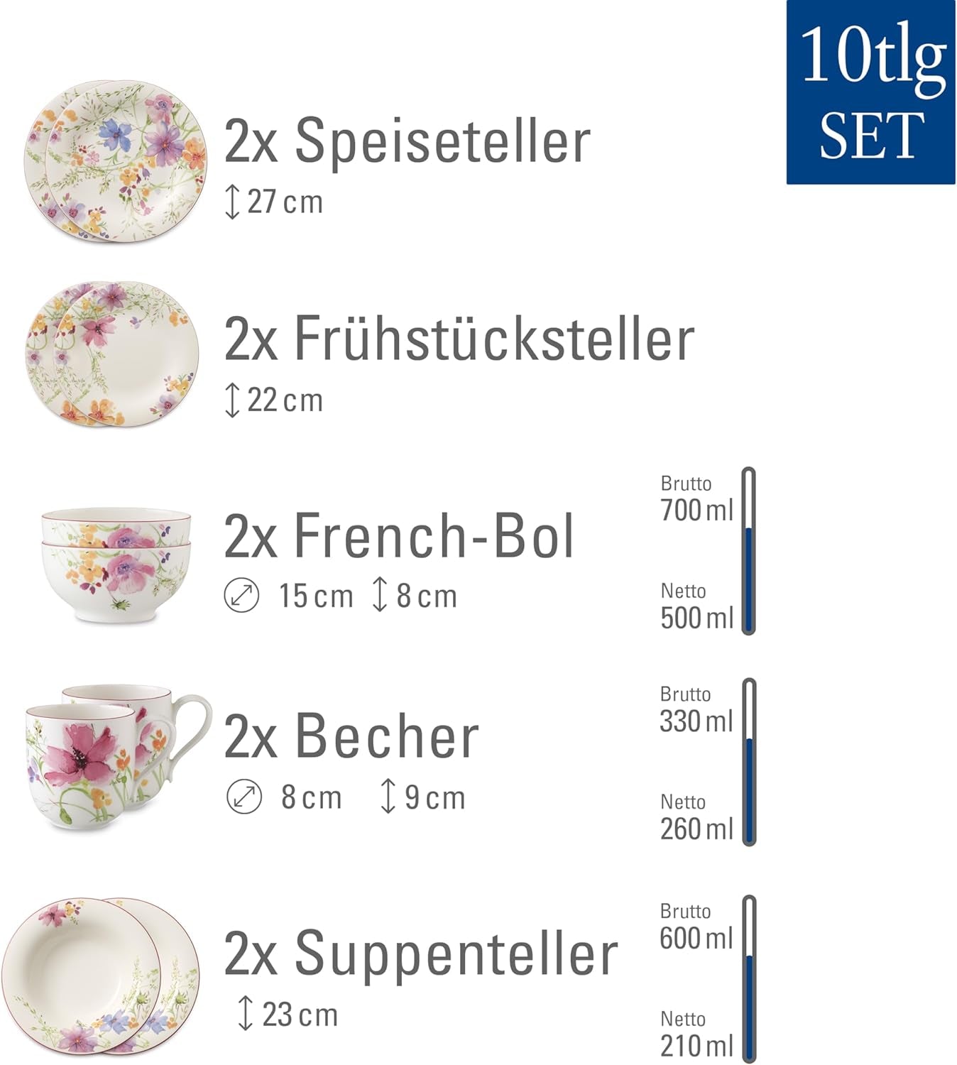 Villeroy & Boch Mariefleur Startersæt, Assorterede farver, Tåler opvaskemaskine, Tåler mikroovn, Spisesæt til 2, Blomsterstel, Spisestel, Kombinationssæt, Premium Porcelæn