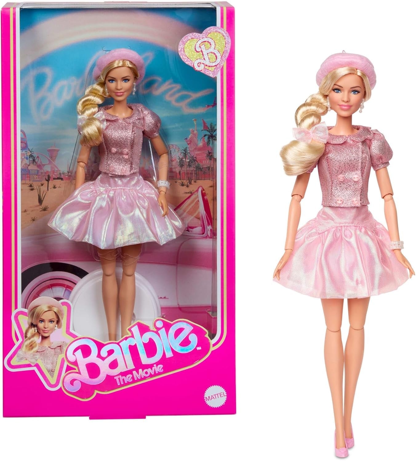 Barbie filmen baseret på filmen Margot Robbie som Barbie samlerfigur i pink bluse og tylnederdel med stiliseret frisure og matchende smykker JBJ53