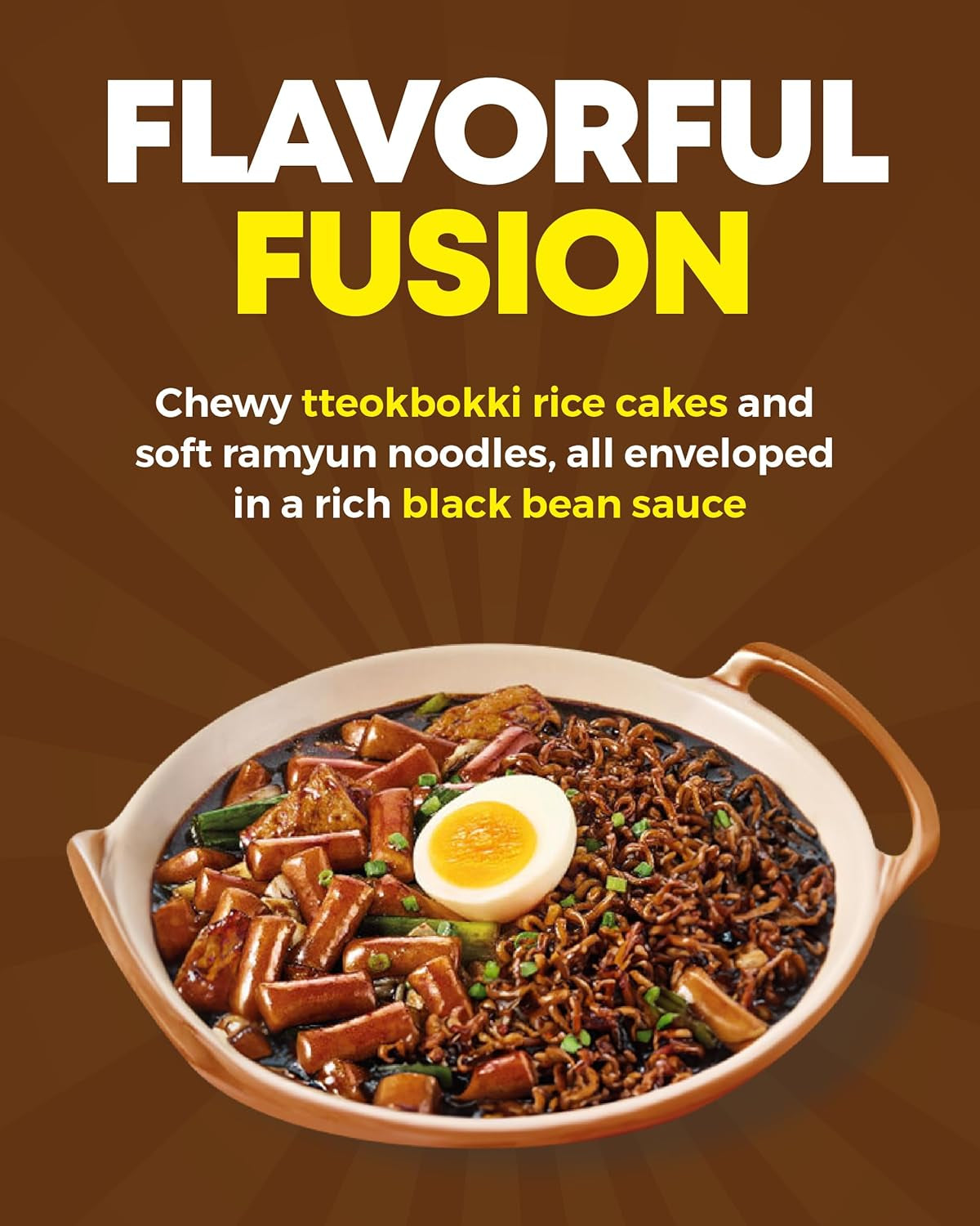 NONGSHIM Rapokki (Jjajang, 400 ml) – autentisk koreansk streetfood, ramen og riskager, sorte bønner; hurtig og nem at tilberede, klar på 4 minutter
