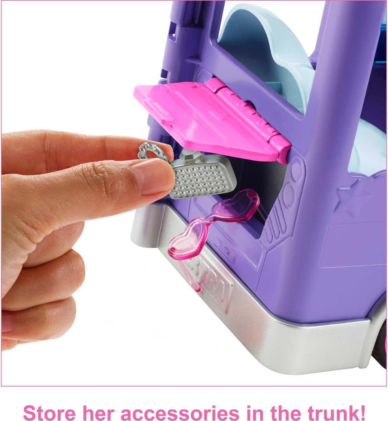 Barbie Extra Mini Mini Dukke, Extra Mini Mini Dukke med Ekstra Glitter Touring Van, Inklusiv Makeup Station og Show Accessories, Børnegave, Legetøj fra 3 år og opefter, HKF84