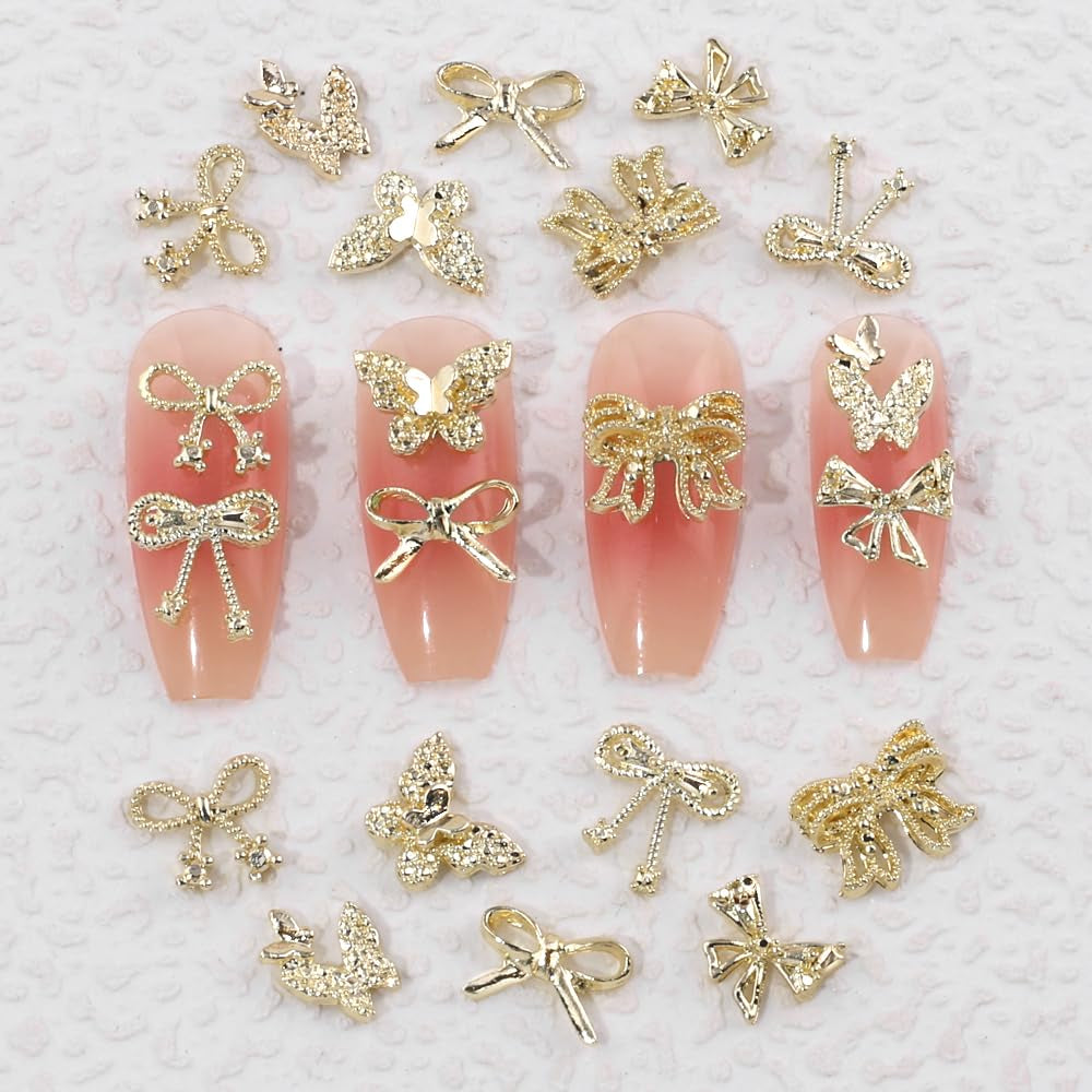 50Stück 3D Guld Sløjfe Nail Charms Butterfly Nail Art Charms Legierung Bogen Nagel Charms Nägel Zubehör Schleife Nagelschmuck Metall Schleifen Schmetterling Nageldesign Nagelanhänger Nailart Strasssteine