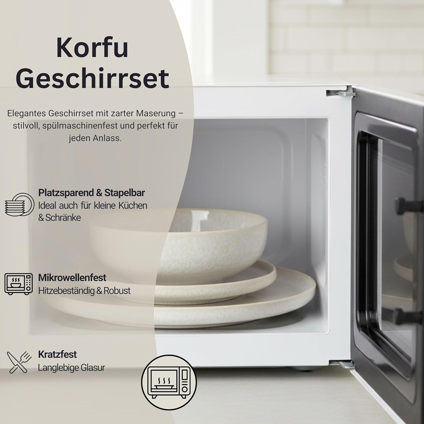 SANGER | 24-Styks Corfu Spisestel Middagsservice til 8 Håndlavet keramisk Spisesæt Inkl. middagstallerkener Desserttallerkener og Suma-tallerkener Creme-servise med sandet tekstur
