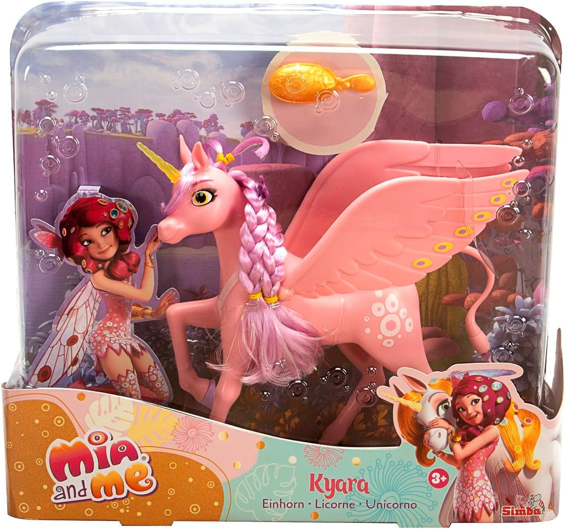 Simba 109480092 - Mia and Me Unicorn Kyara, med bevægelige vinger, hårspænder og stylingbørste, 20 cm, 3+, pink