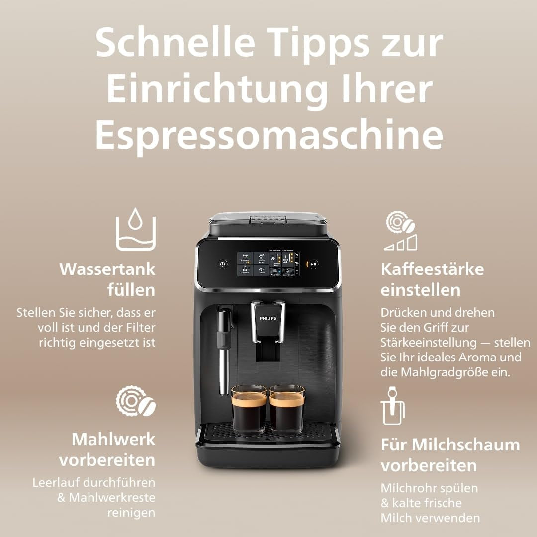 PHILIPS automatisk espressomaskine 2200-serien - 2 kaffespecialiteter, touch-display, klassisk mælkeskummer, keramisk kværn, matsort (EP2220/10)