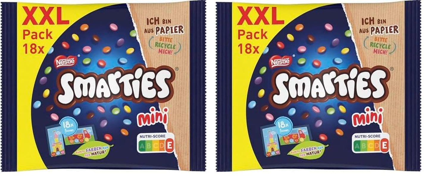 Nestlé SMARTIES Mini XXL-poser, chokoladefarvede linser, ideel til at dele og nyde med familie og venner, naturlige farver, genanvendelig emballage, pakke med 2 (1 x 259 g)