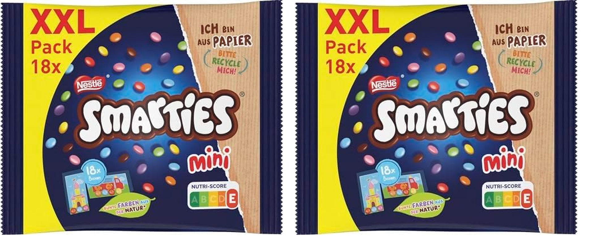 Nestlé SMARTIES Mini XXL-poser, chokoladefarvede linser, ideel til at dele og nyde med familie og venner, naturlige farver, genanvendelig emballage, pakke med 2 (1 x 259 g)