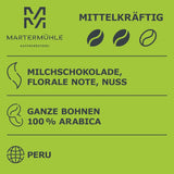 Martermühle Peru Bio Kaffeebohnen 1 kg mittelkräftig I Arabica I Aroma: Mælkechokolade, blomsternoter, nødder I Ganze Bio Kaffee-Bohnen schonend geröstet, säurearm
