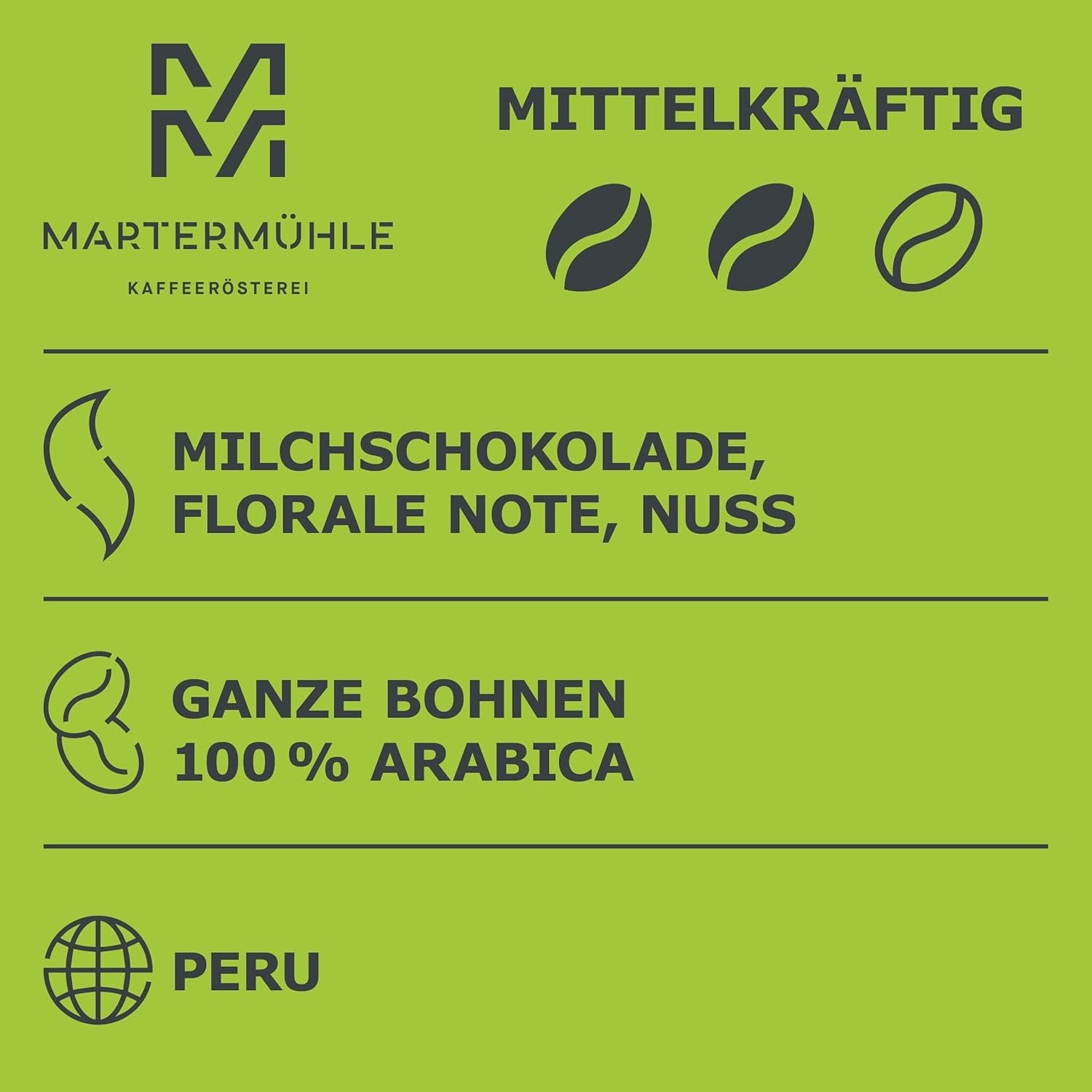 Martermühle Peru Bio Kaffeebohnen 1 kg mittelkräftig I Arabica I Aroma: Mælkechokolade, blomsternoter, nødder I Ganze Bio Kaffee-Bohnen schonend geröstet, säurearm