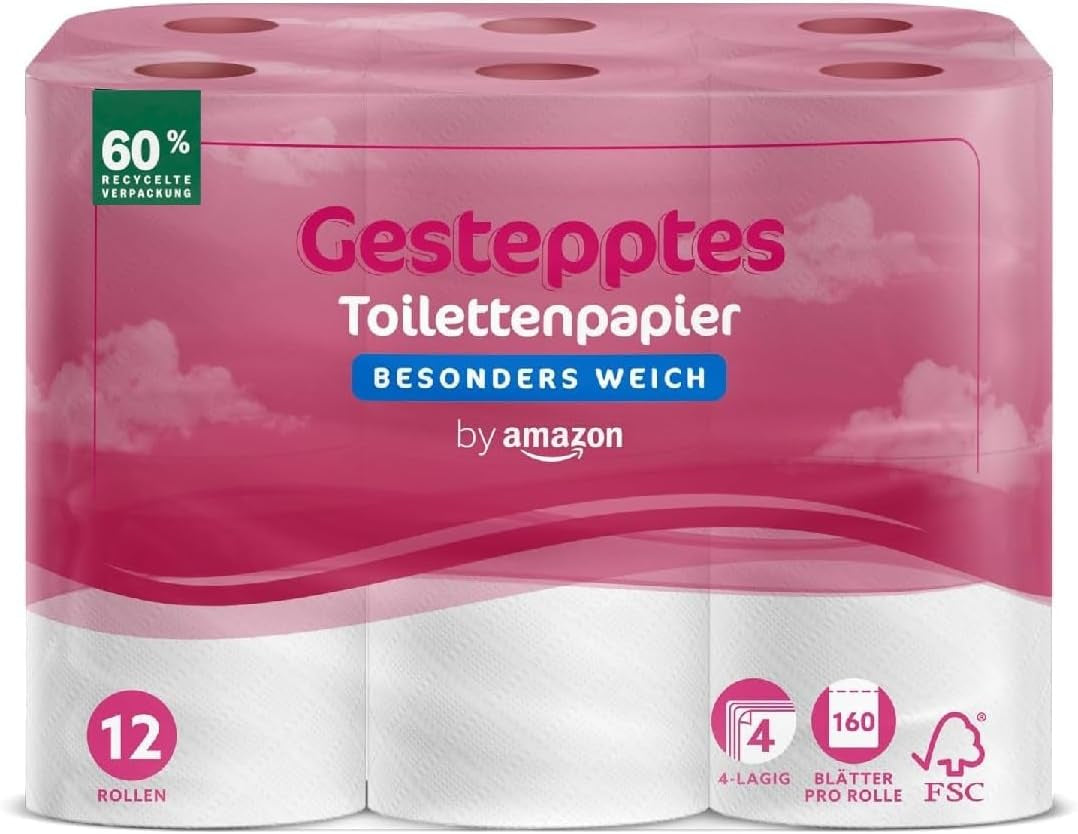 By Amazon toiletpapir, 4-lags quiltet, ekstra blødt, 48 ruller (12 ruller, pakke med 4), 160 ark pr. rulle, Fsc-certificeret