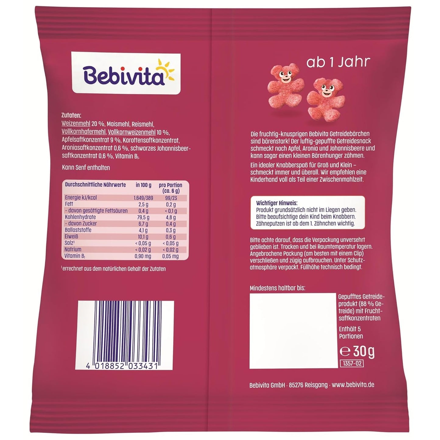 Kornbjørne med superfrugt (9 x 30 g) - snacks til børn fra 1 år, kun sødet med frugt, ideel sjov for hele familien