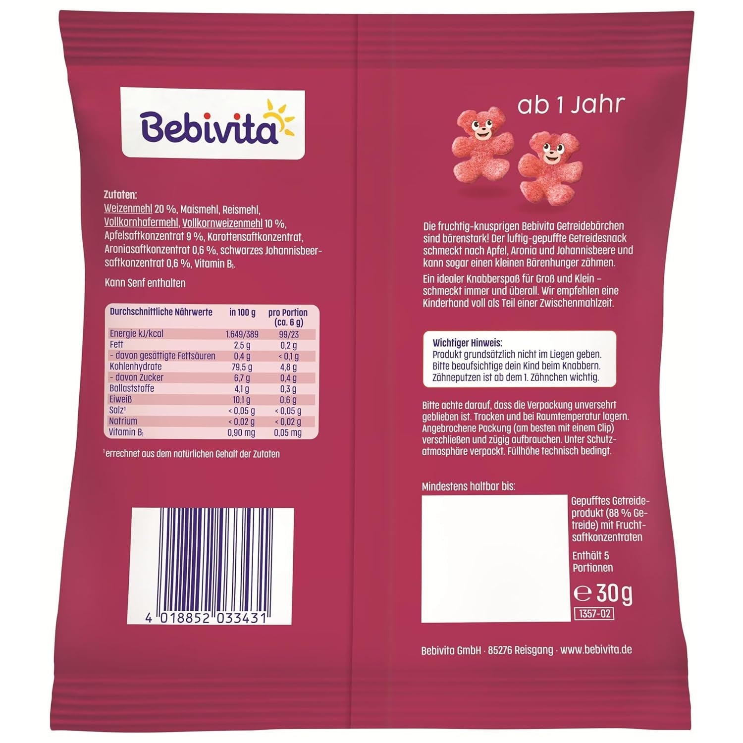 Kornbjørne med superfrugt (9 x 30 g) - snacks til børn fra 1 år, kun sødet med frugt, ideel sjov for hele familien