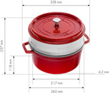 STAUB Gusseisen Bräter/Cocotte, Mit Dämpfeinsatz Aus Edelstahl, Rund 26 Cm, 5,2 L, Aromaregen Funktion Für Optimale Befeuchtung, Für Alle Herdarten Inkl. Induktion & Backofen, Kirschrot, Rot Forme og bakker til bagning Naty Shop