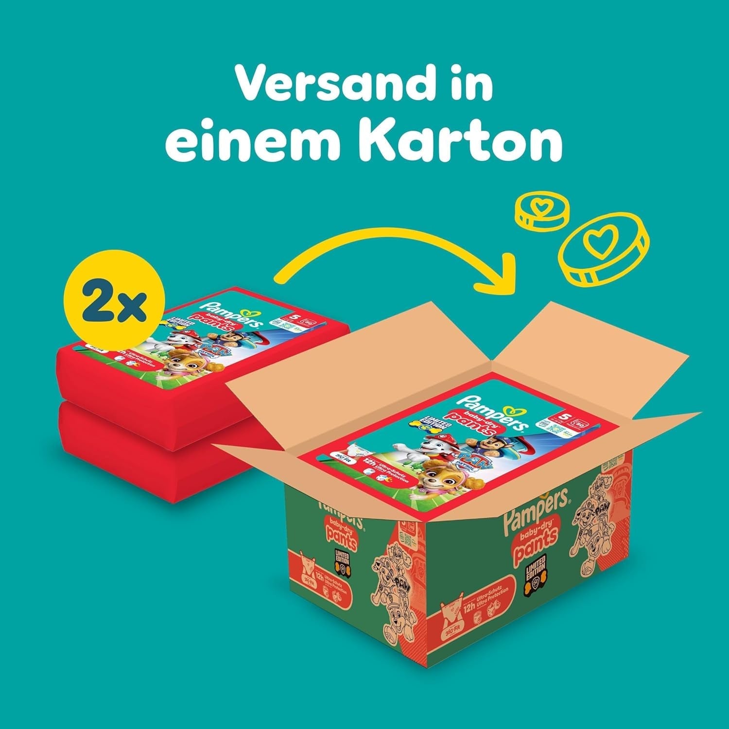 Pampers Baby Dry Pants Diaper Patrol Puppy Edition, str. 5, 160 bleer, 11 kg - 17 kg, 360° justering med stop og beskyttelsessystem