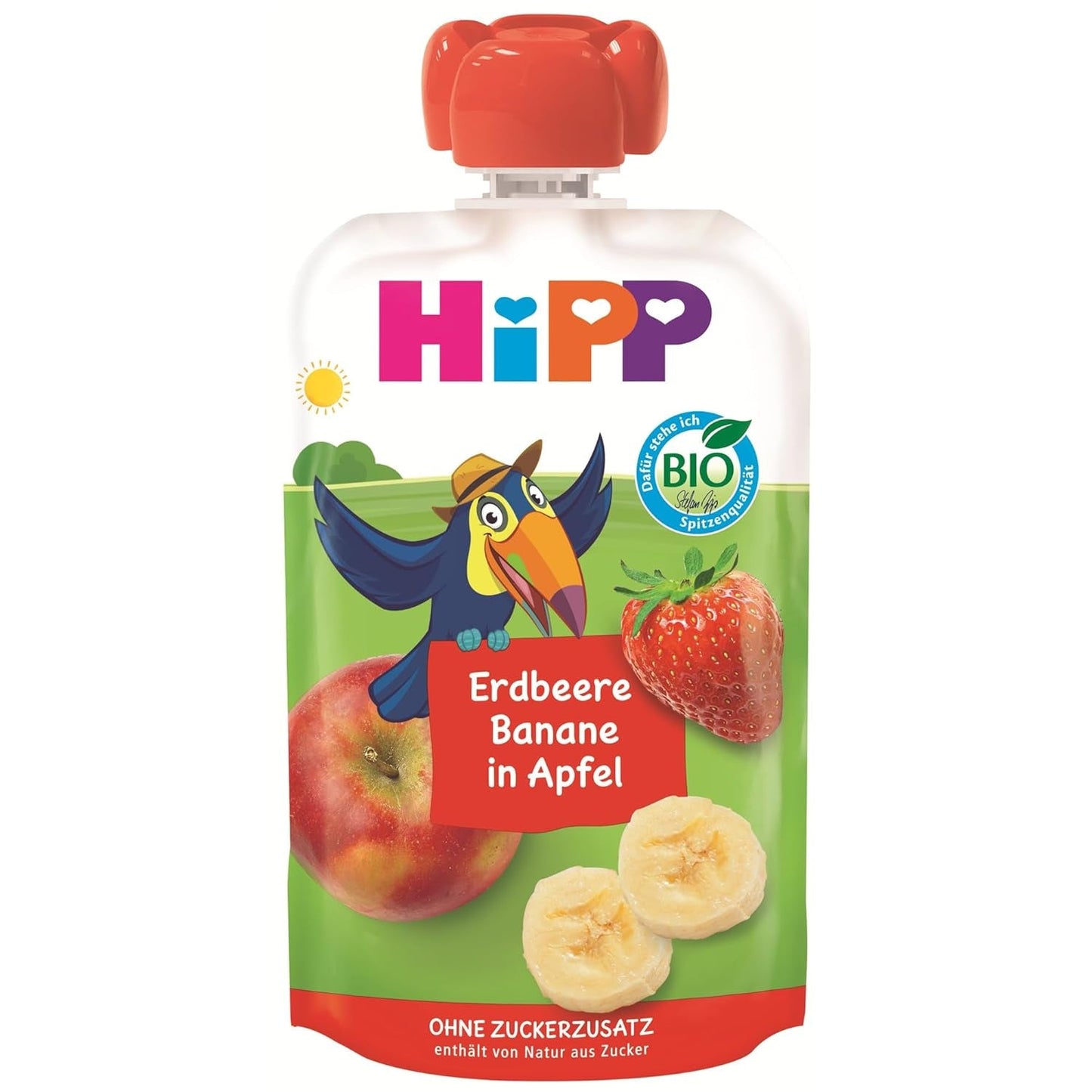 HiPP Økologisk presset frugtpose med jordbær og bananer i æblefarve - Theo Tukan (8 x 100g), fra 1 år, 100% frugtpuré, uden tilsat sukker, vegansk, bedste økologiske kvalitet