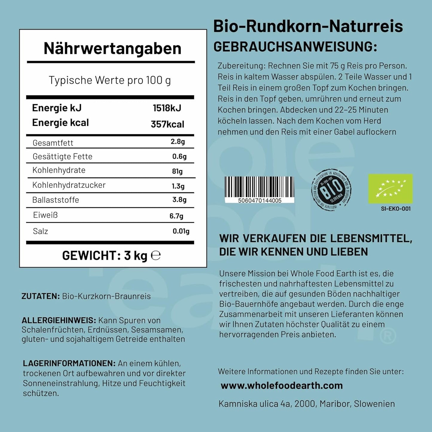 Wholefood Jord Økologisk Kortkornet Brun Ris 3 kg Ikke-GMO vegansk kilde til fibre fra kontrolleret økologisk landbrug