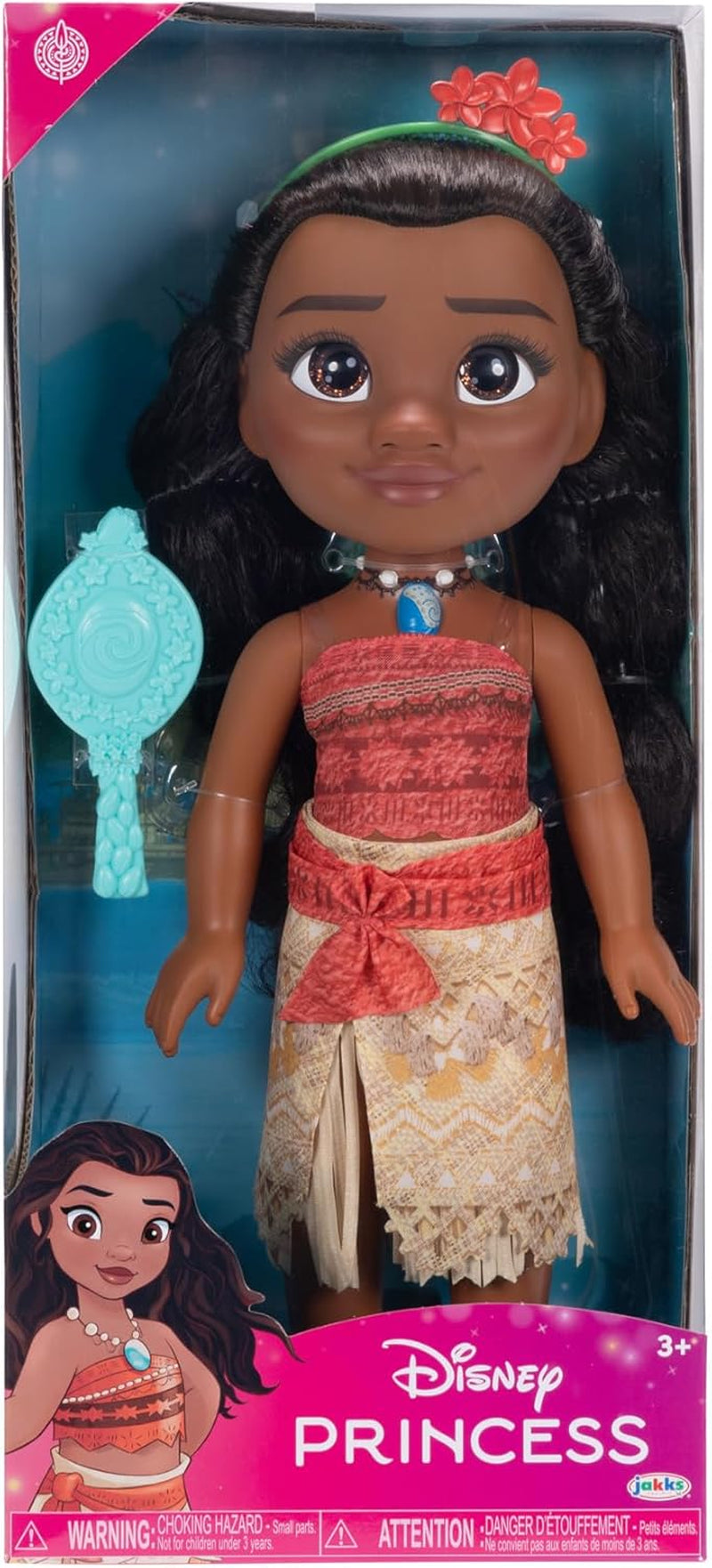Disney Princess Moana 35 cm dukke, reflekterende glitterøjne, bevægelige led, aftageligt outfit, blomsterklemme, langt hår, til piger i alderen 3+