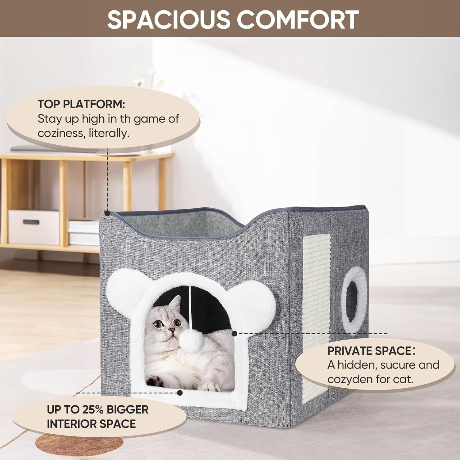 Katzenbetten für Indoor Katzen, Faltbares Katzenhaus, Katzenhöhle 2 Schicht Würfel Großer Raum Katzenbett med Kratzbrett und Spielball, 15,8 x 15,8 x 15 tommer