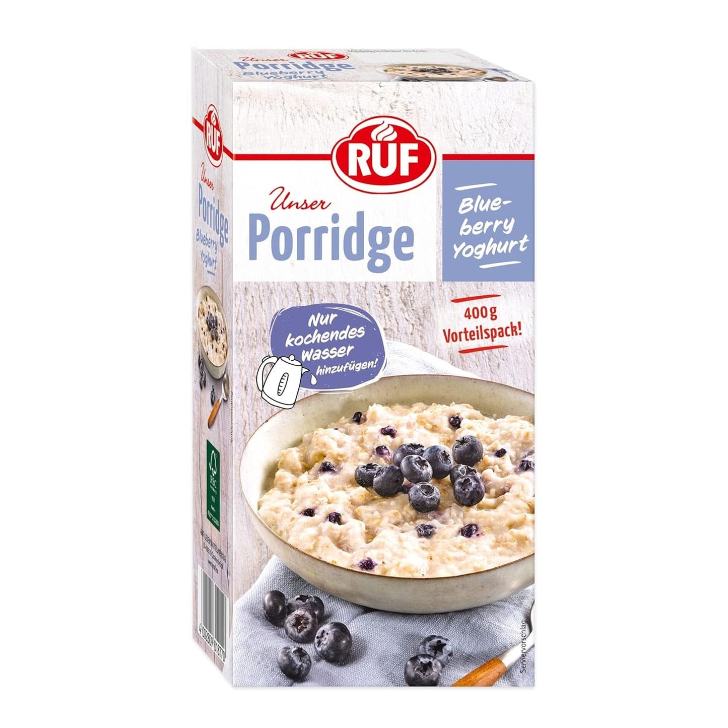 RUF Grød Æble Kanel, med fuldkorns havreflager, fin kanelsmag og stykker af tørrede æbler, 400 gram Naty Shop Cereals 400 gram Yoghurt med blåbær