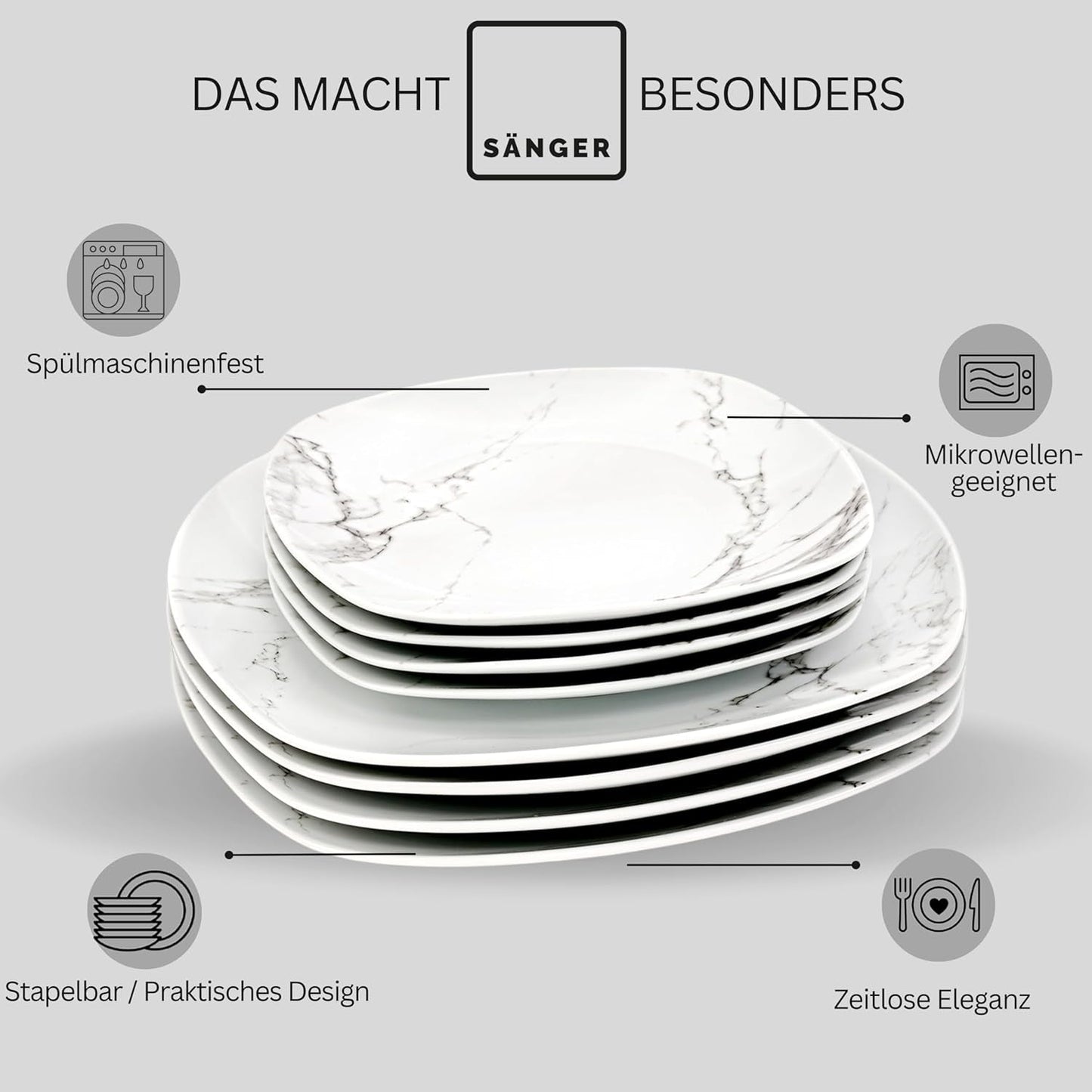 SANGER | Bilgola Marmor Combination Sergey Sæt 36-Deles Porcelænssæt til 6 med middagstallerkener, desserttallerkener, suma tallerkener, kornskåle, kaffetallerkener og porcelænsskåle, firkantede | PREMIUM KOLLEKTIONEN