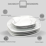 SANGER | Bilgola Marmor Combination Sergey Sæt 36-Deles Porcelænssæt til 6 med middagstallerkener, desserttallerkener, suma tallerkener, kornskåle, kaffetallerkener og porcelænsskåle, firkantede | PREMIUM KOLLEKTIONEN