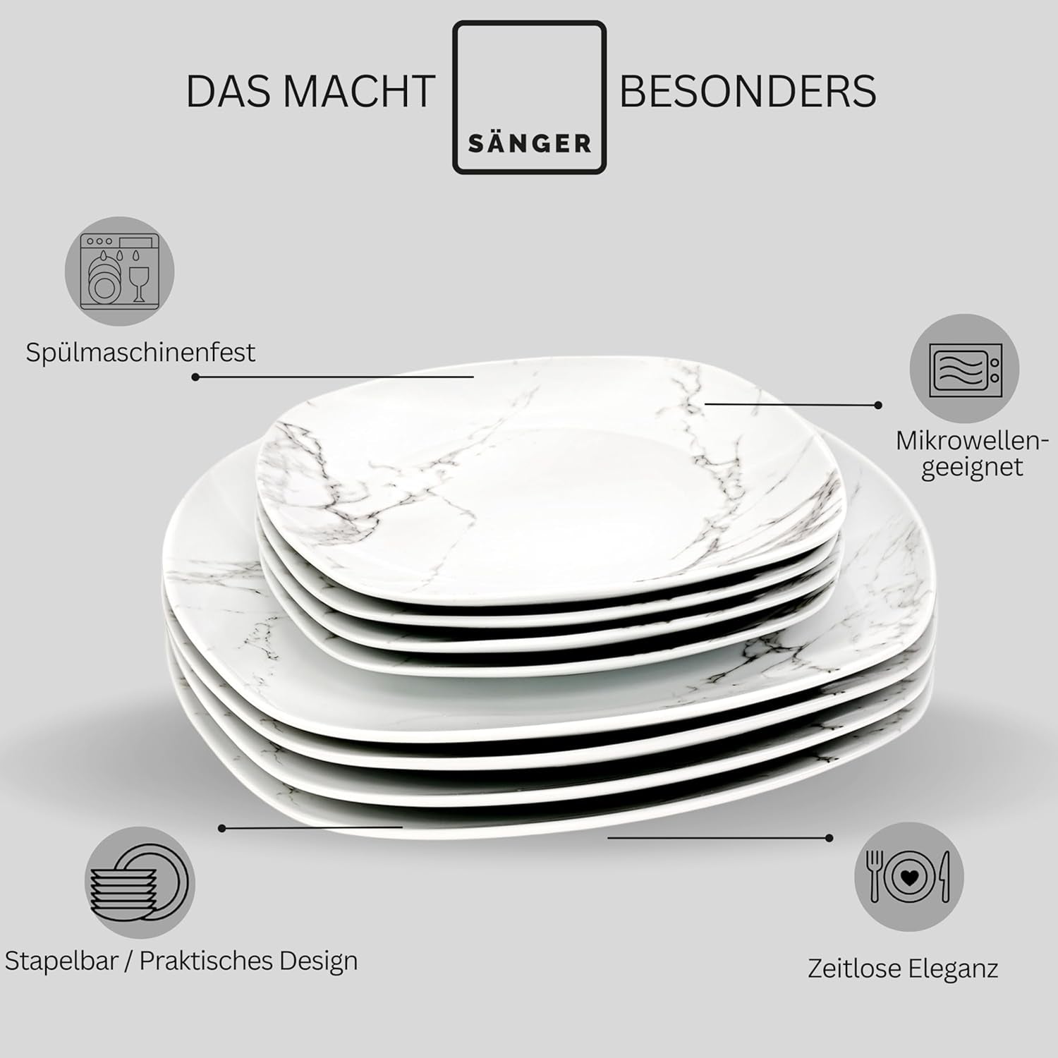 SANGER | Bilgola Marmor Combination Sergey Sæt 36-Deles Porcelænssæt til 6 med middagstallerkener, desserttallerkener, suma tallerkener, kornskåle, kaffetallerkener og porcelænsskåle, firkantede | PREMIUM KOLLEKTIONEN