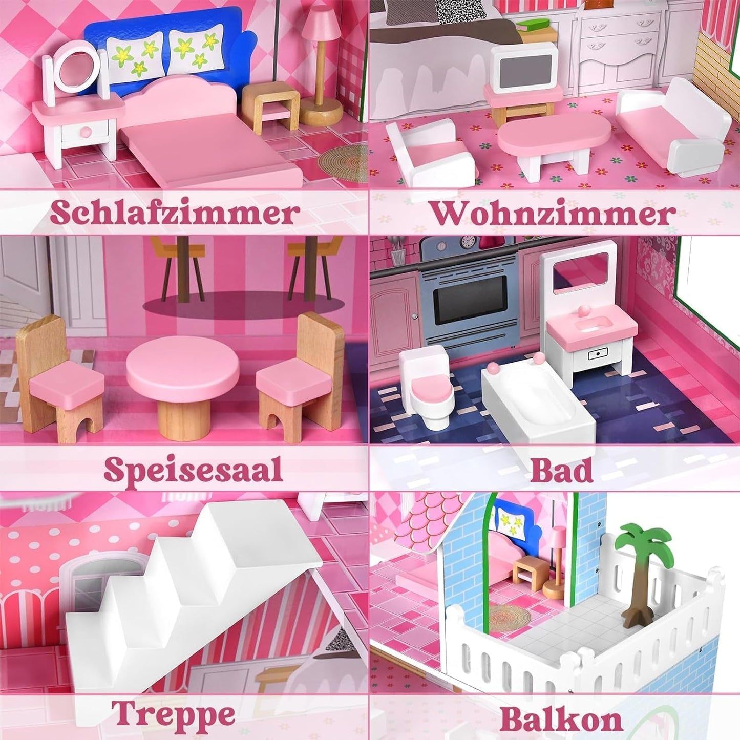 HENGMEI Puppenhaus Kinder Holz Puppenvilla Dukkehus Sæt Mädchen Spielset 3 Etagen Haus med Möbeln og tilbehør, 70x30x100cm Puppenhæuser for Kinder (Typ B)