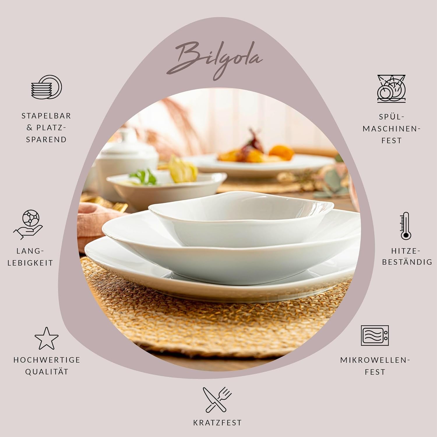 SANGER | Hvidt Bilgola Spisestel Sæt, 24 Del Porcelænsstel til 6, Firkantede Tallerkener, Middagstallerkener | PREMIUM KOLLEKTIONEN